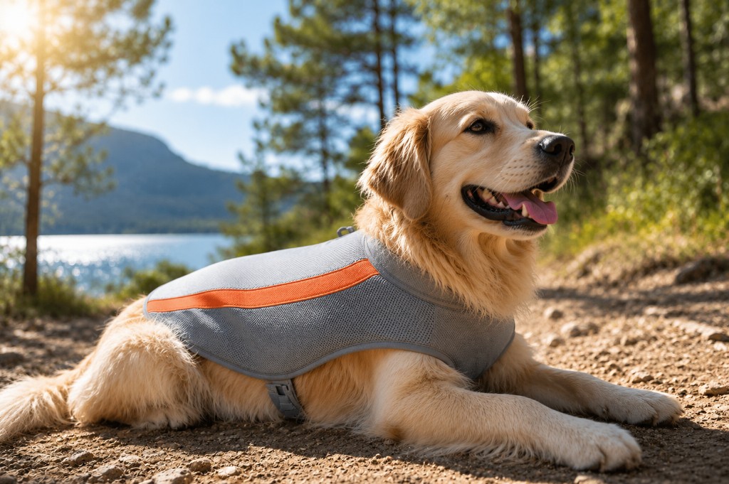 Chien au frais en plein soleil grace a la veste COOL DOG